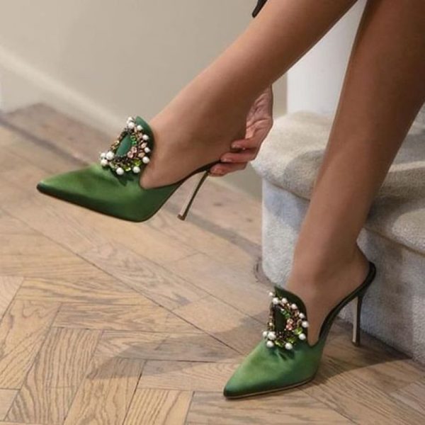 Green Satin Evening Heels Pointy Toe Pearls Buckle Mules for Women