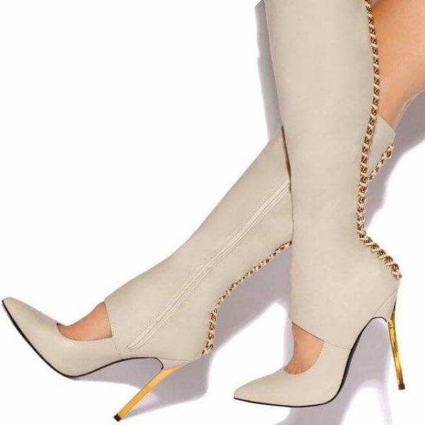 Women’s Fashion Cut Out Pointed Toe Chains Knee High Boots in Beige