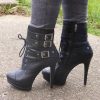 Vintage Pointed Toe Vamp Cut Lace-Up Heeled Booties in Black