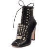 Black Wingtip Pearls Studded Low Heel Lace Up Ankle Boots for Women