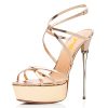 Metallic Square Toe Stiletto Heel Platform Sandals in Fuchsia