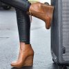 Tan Almond Toe Wedge Booties Lace Up Ankle Boots
