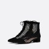 Black Wingtip Pearls Studded Low Heel Lace Up Ankle Boots for Women