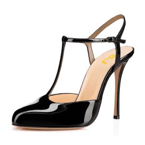 Black Patent Leather T-Strap Stiletto Shoes Classy Office Heels