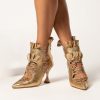 Gold Pointy Toe Stiletto Heels Evening Ankle Strap Zip Pumps
