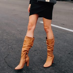 Women’s Tan Almond Toe Chunky Heel Mid-Calf Slouch Boots with Zip