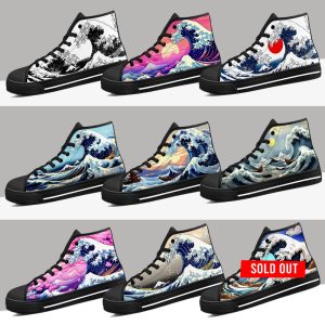 The Great Wave Off Kanagawa Canvas Shoes, Ukiyo-e, Katsushika Hokusai, Mens shoes, Womens shoes, Japanese Style Premium High Top Shoes