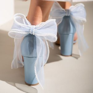 Blue Leather Block Heel Sandals with ORGANZA BACK BOW – Women Wedding Shoes, Bridesmaids Shoes, Bridal Shoes, Holiday Shoes