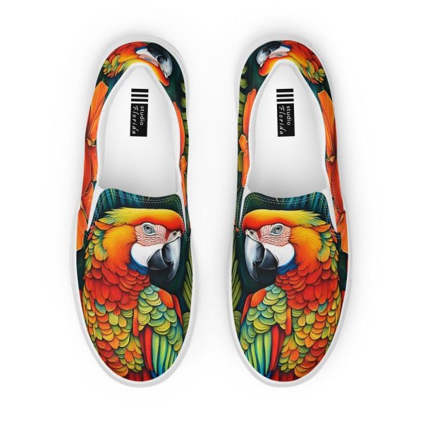 Parrot Men’s Slip-on Canvas Shoes | Macaw Art Loafers | Vans Style | Tropical Sneakers | Surf Wear | Casual Flats | Vacation Footwear |