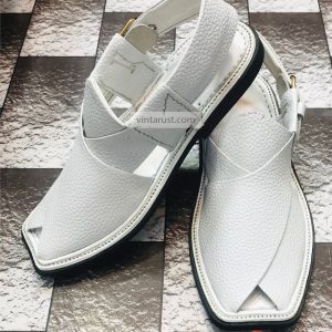 New Men’s Handmade Leather Chappal, White Stylish Dotted Kaptaan Chappal, Men’s Peshawari Traditional Chappal, Comfortable Sandal