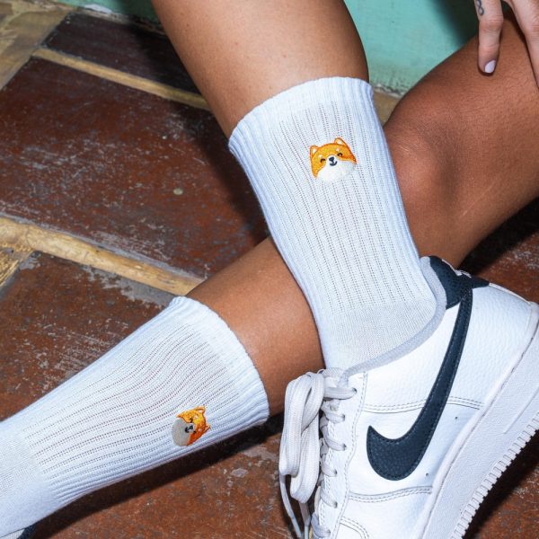 Funny Socks Women & Men • Shiba Inu Dog Socks • Embroidered Socks • White Tennis Socks • Crew Socks with Motif