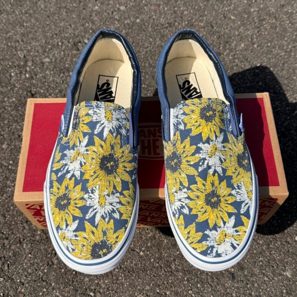Sunflowers and Daisy Flowers on Navy Slip On Vans Shoes – Men’s and Women’s Custom Vans Sneakers