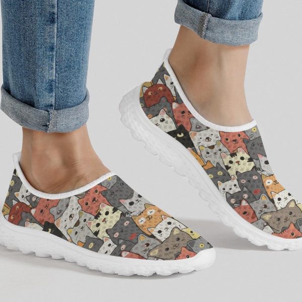 Slip-on Shoes, Women’s Mesh Sneakers with Cat Design