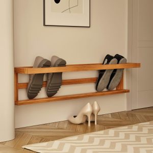 Minimalist Oak Wooden Wall-Mounted Shoe Rack – Modern Space-Saving Shoe Storage for Entryway, Bedroom, or Closet Organization