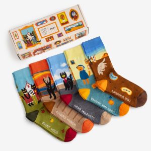 Set of 5 Pairs of Cat Art in Gift Box | Cats gift box | colorful socks mens womens gift for him & her