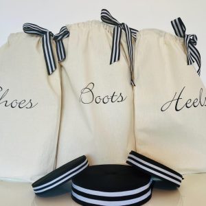Handwriting Black and white travel bags, shoes, boots, chargers, accessories, handmade with ribbon