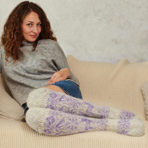 Goat Wool Over-the-Knee Boot Socks, Wool Knit Socks, Relaxed-Fit Long Socks for Women, Socks for Wide Calf, Purple Dream