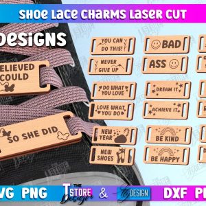 Shoe Lace Charms laser cut bundle, Custom Shoelaces Tags, Personalized Shoe Lace Charms, Wooden Lace Charm Set, Boot Charm, Skate Charms svg