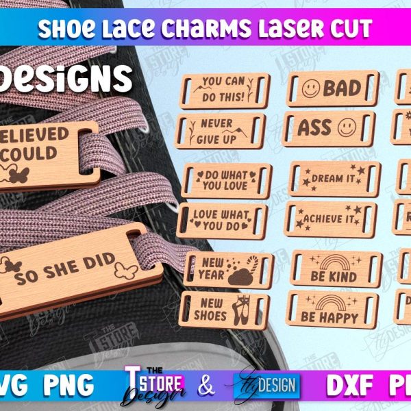 Shoe Lace Charms laser cut bundle, Custom Shoelaces Tags, Personalized Shoe Lace Charms, Wooden Lace Charm Set, Boot Charm, Skate Charms svg