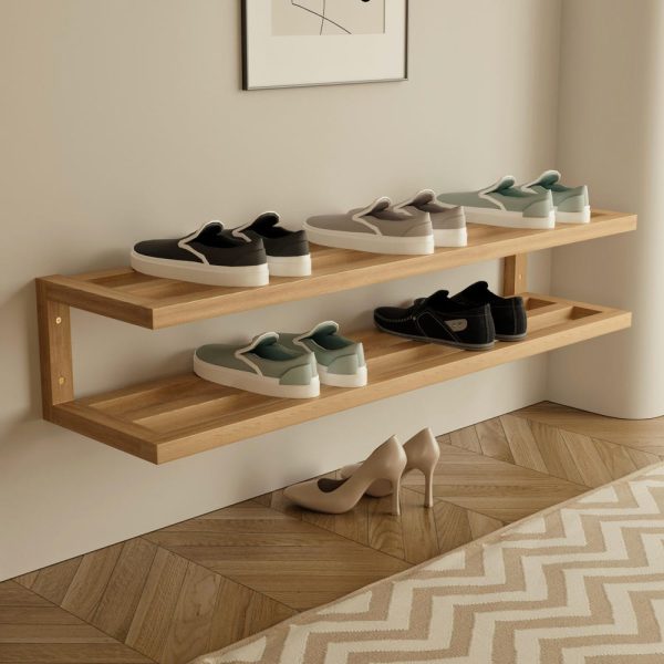 2-Tier Wall Mounted Shoe Rack – Solid Wood Floating Shelf – Minimalist Entryway Organizer – Handmade Double Shoe Storage Shelf