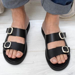 Men’s Leather Slide Sandals – Handmade Black Buckle Sandals