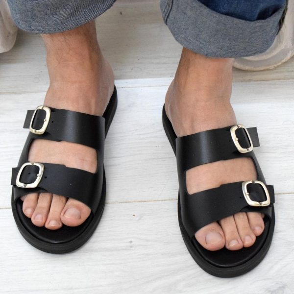 Men’s Leather Slide Sandals – Handmade Black Buckle Sandals