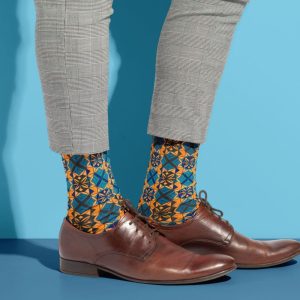 Colorful Bold Blue & Orange Abstract Geometric Socks | Stylish Patterned Socks | Dress Socks for Men
