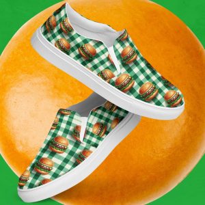 Green Plaid Cheeseburger Mens slip on canvas shoes – Canvas Print Shoes – Fathers Day Gift Idea – Gift for Him – Canvas Vans Style Shoe