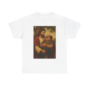 Funny Jesus Holding Danny DeVito Tee, Sarcastic Christian Meme Shirt, Viral Graphic Unisex Heavy Cotton Gift