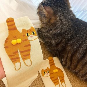 Cute Tabby Cat Design with Pom-Pom, Novelty Animal Lover Gift, Cat Socks with Balls 3D, Cat lover gift, Gift for him, Gift for her